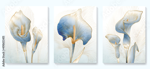Canvastavla Abstract art background with golden and blue calla flowers in line art style