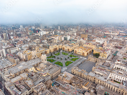 Aerial view of Lima main square, government palace of Peru and cathedral church. Historic center of