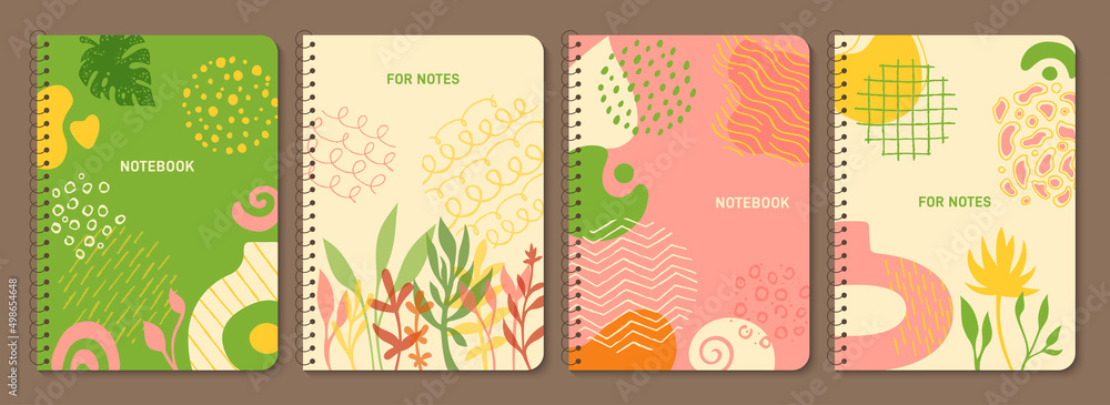 Trendy cover and abstract organic shape set. Botanical floral design element for notebook planner, brochure, book, catalog. Decorative page background exotic leaf flower, hand drawn scribble vector