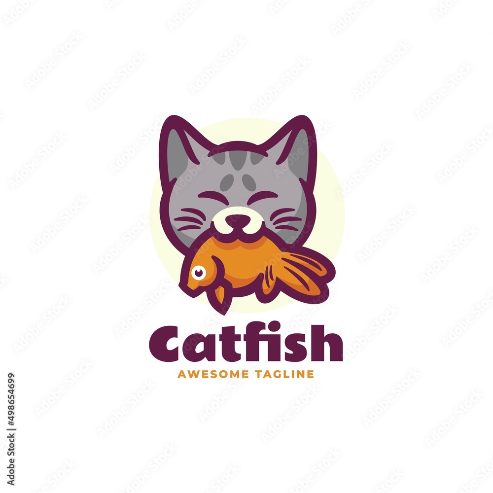 Obraz premium Vector Logo Illustration Cat Fish Mascot Cartoon Style.