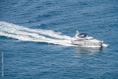 Motor boat, speedboat in the sea of ​​Brazil, aerial view

