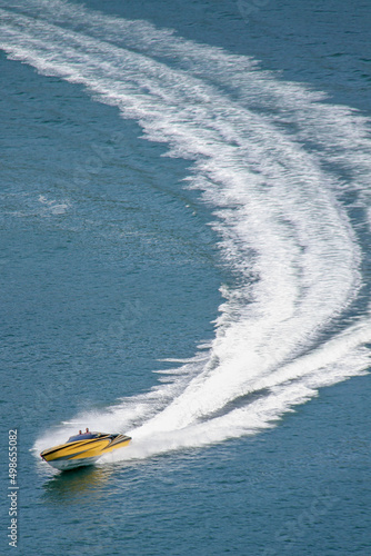 Motor boat, speedboat in the sea of ​​Brazil, aerial view  © Suzano