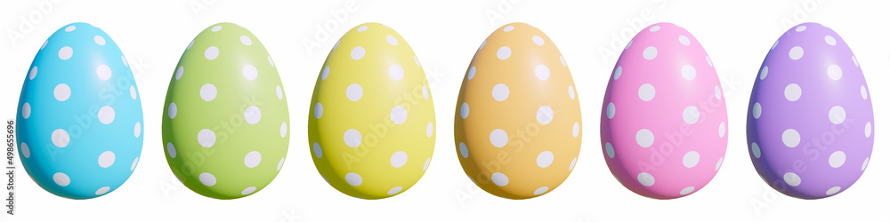 Collection of happy colorful easter eggs with white polka dots ornament isolated on white background 3d render illustration. Set of clip art design elements. Pastel colors Easter egg hunt template. Collection of happy colorful easter eggs with white polka dots ornament isolated on white background 3d render illustration. Set of clip art design elements. Pastel colors Easter egg hunt template.