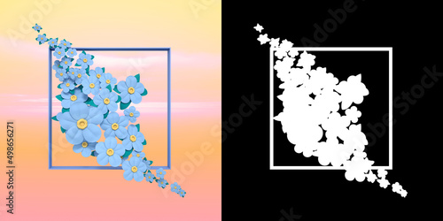 Greeting card with spring blue flowers in a square frame on the background of the sunset sky. Congratulations in cartoon style. Alpha channel mask. Realistic 3D rendering