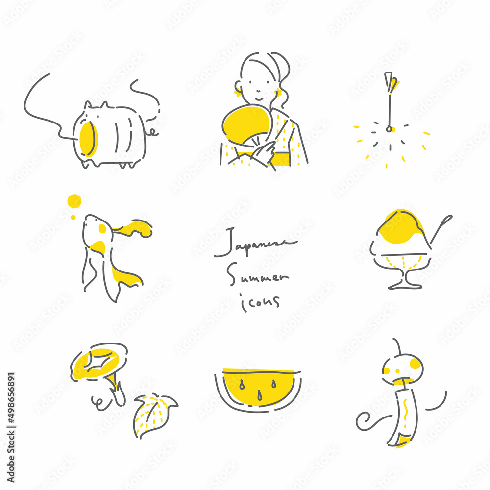 Fototapeta premium フリーハンド手描きの日本の夏イラストセット お洒落で脱力系の線画イラスト