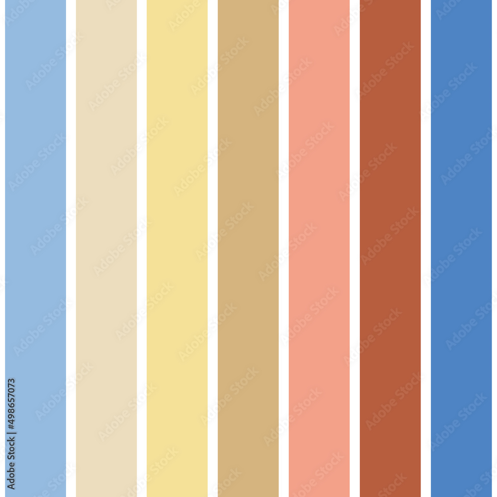 Pattern stripe seamless. Blue color mix with Beige, Yellow, Brown and Orange. Background for graphic design, fabric, textile, fashion. Color trend spring, summer 2023.
