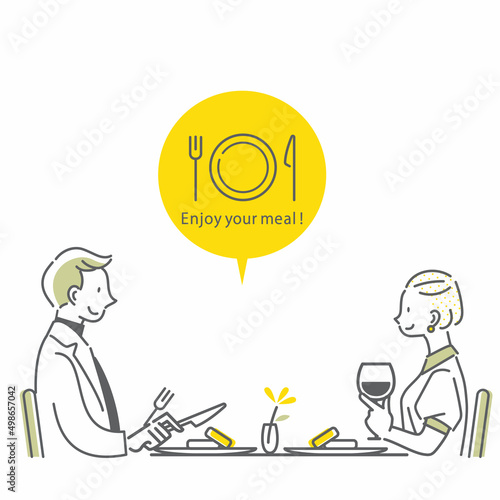 外食を楽しむカップル　シンプルでお洒落な線画イラスト