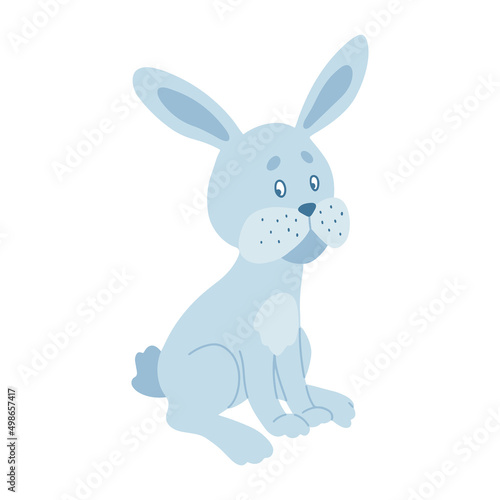 Funny Easter cartoon rabbit character. Bunny blue on a white background. For the design of children's parties, postcards, prints on T-shirts, etc. Symbol 2023.Vector illustration.
