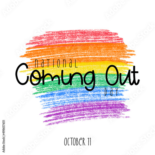 Rainbow hand drawn pencil crayon textured scribble background isolated on white background. LGBTQ gay pride flag colors lines. National Coming Out Day greeting card.