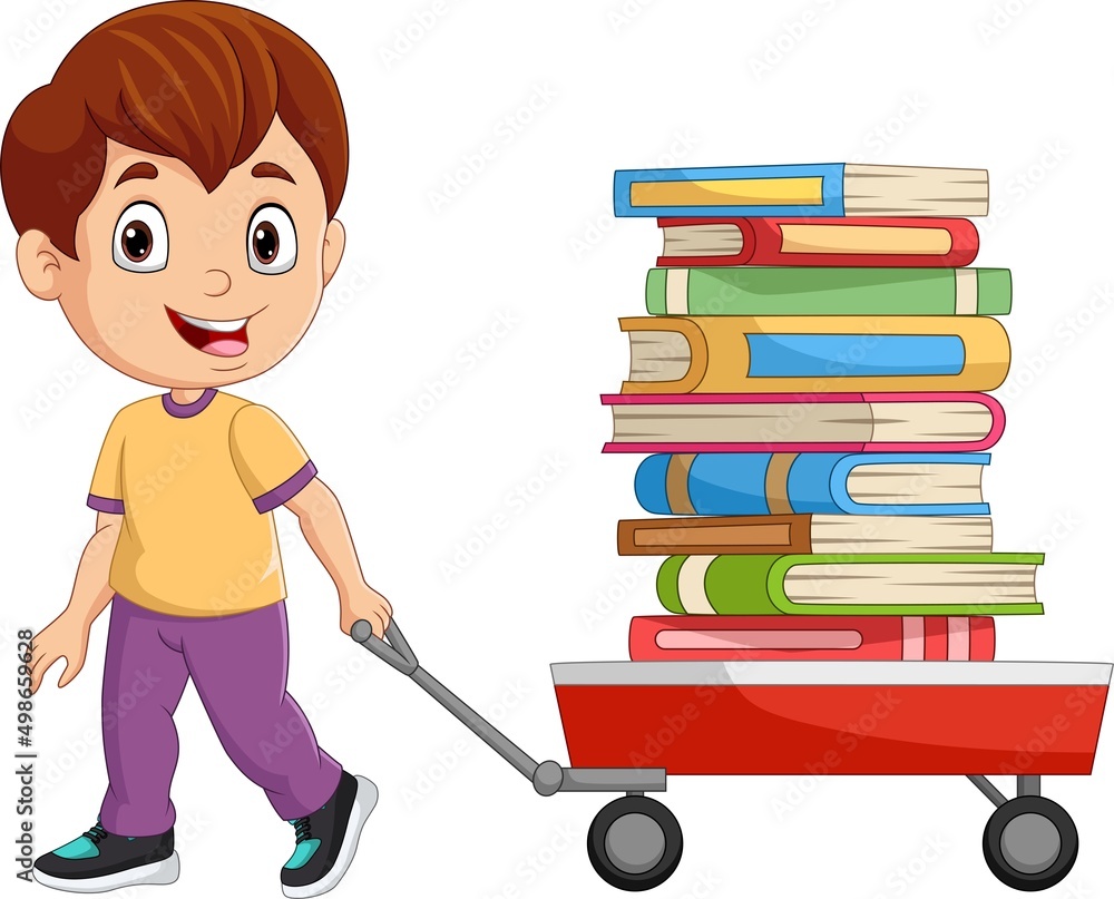 Cartoon little boy pulling wagon cart with pile of books Stock Vector