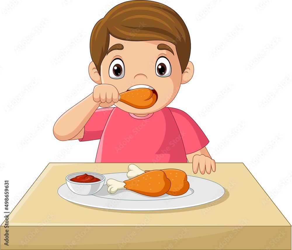 Cartoon little boy eating fried chicken Cartoon little boy eating fried chicken