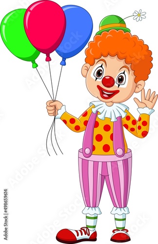 Cartoon happy clown holding colorful balloons