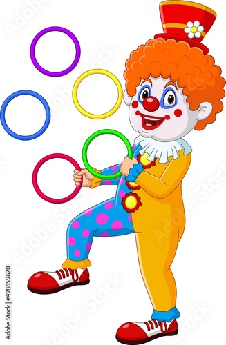 Cartoon clown juggling with colorful rings