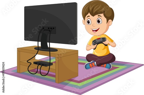 Cartoon little boy playing video game