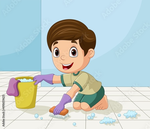 Cartoon little boy cleaning the floor