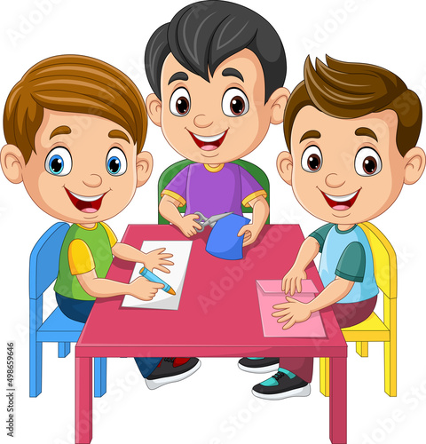Cartoon kids doing folding origami paper