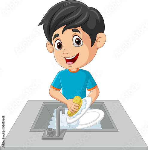 Cartoon little boy washing the dishes
