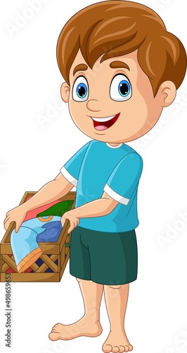 Cartoon little boy with a basket of clothes