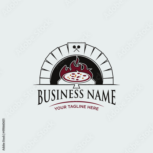 Rustic bricks stones fireplace and Pizza logo design fit for food icon design