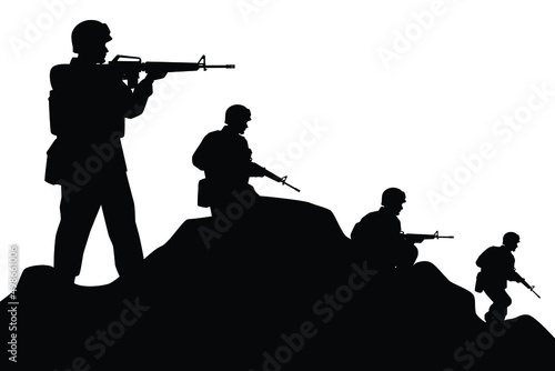 A troop of soldiers in action silhouette vector, simple designed military man in black and white, warrior in the war.