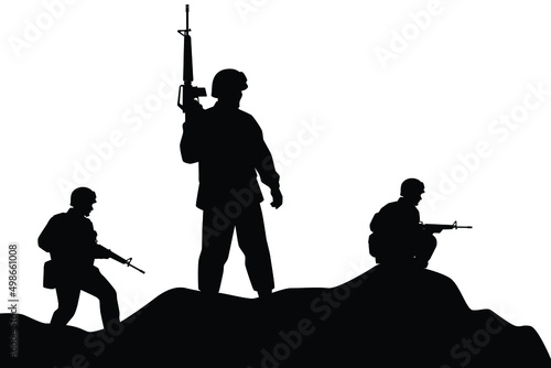 A troop of soldiers in action silhouette vector, simple designed military man in black and white, warrior in the war.