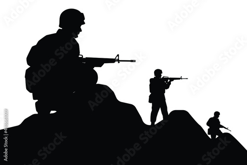 A troop of soldiers in action silhouette vector, simple designed military man in black and white, warrior in the war.