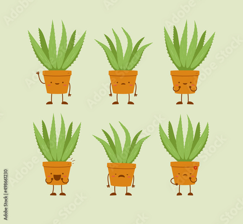 Cute aloevera plant on pot cartoon character mascot set vector illustration
