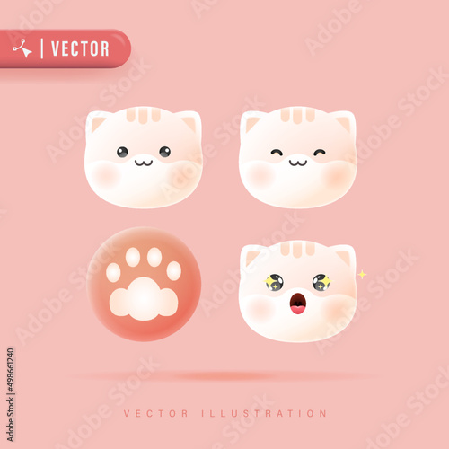 3D Realistic Vector Set Of Cute Cartoon Cat Icons with Various Facial Expression Isolated in Peach Background. Simple and Minimal Cat Face Icon Set