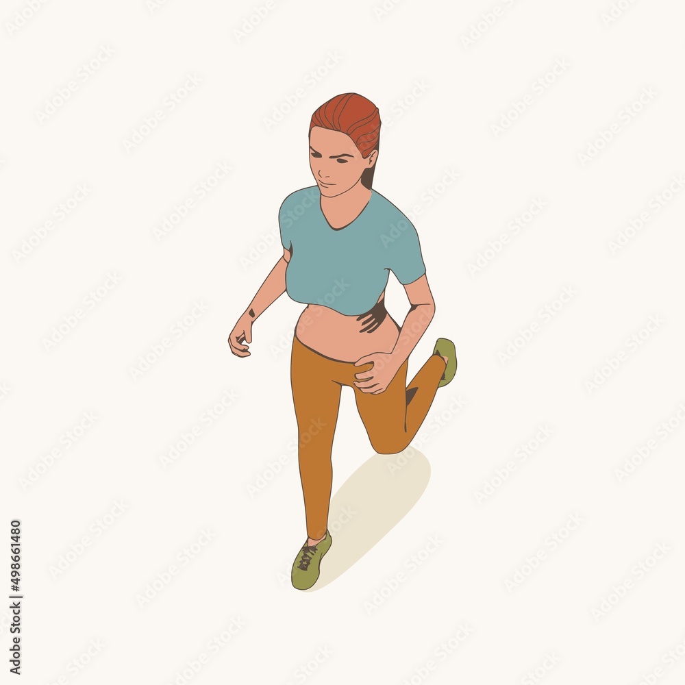 Running woman. Sport girl illustration. Casual sportwear - t-shirt, breeches and sneakers. Young woman wearing workout clothes. Sport fashion girl outline in urban casual style. Top view