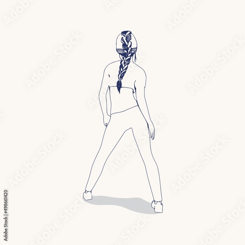 Standing woman. Sport girl illustration. Casual sportwear - t-shirt, breeches and sneakers. Young woman wearing workout clothes. Sport fashion girl outline in urban casual style. Back view