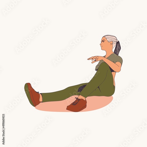 Sitting woman. Sport girl illustration. Casual sportwear - t-shirt, breeches and sneakers. Young woman wearing workout clothes. Sport fashion girl outline in urban casual style.