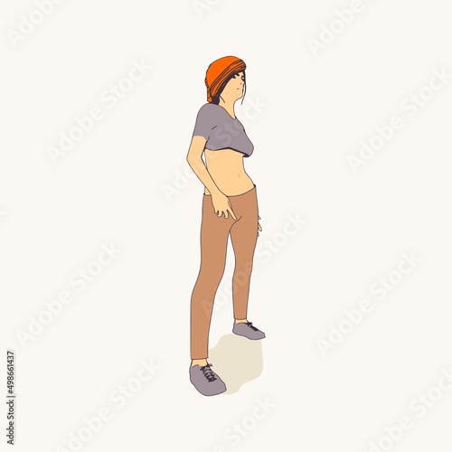 Standing woman. Sport girl illustration. Casual sportwear - t-shirt, breeches and sneakers. Young woman wearing workout clothes. Sport fashion girl outline in urban casual style.