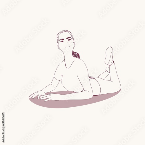 Lying woman. Sport girl illustration. Casual sportwear - t-shirt, breeches and sneakers. Young woman wearing workout clothes. Sport fashion girl outline in urban casual style.