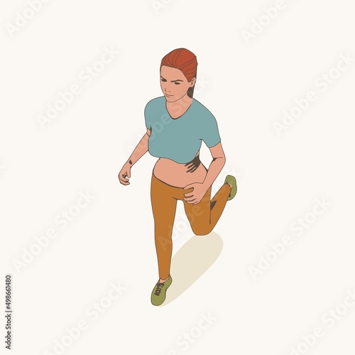 Running woman. Sport girl illustration. Casual sportwear - t-shirt, breeches and sneakers. Young woman wearing workout clothes. Sport fashion girl outline in urban casual style. Top view