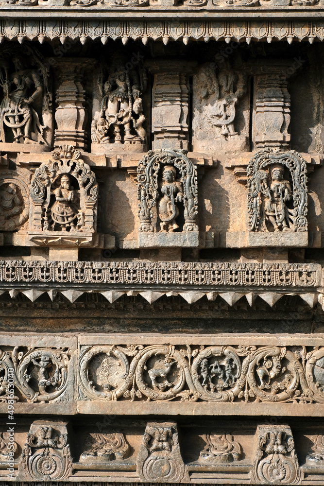 Belur, Karnataka, India - Dec 19 2021, Belur and Halebidu temple carvings and sculptures, Hoysala temples - Chennakeshava Temple. Belur, Karnataka, India - Dec 19 2021, Belur and Halebidu temple carvings and sculptures, Hoysala temples - Chennakeshava Temple.