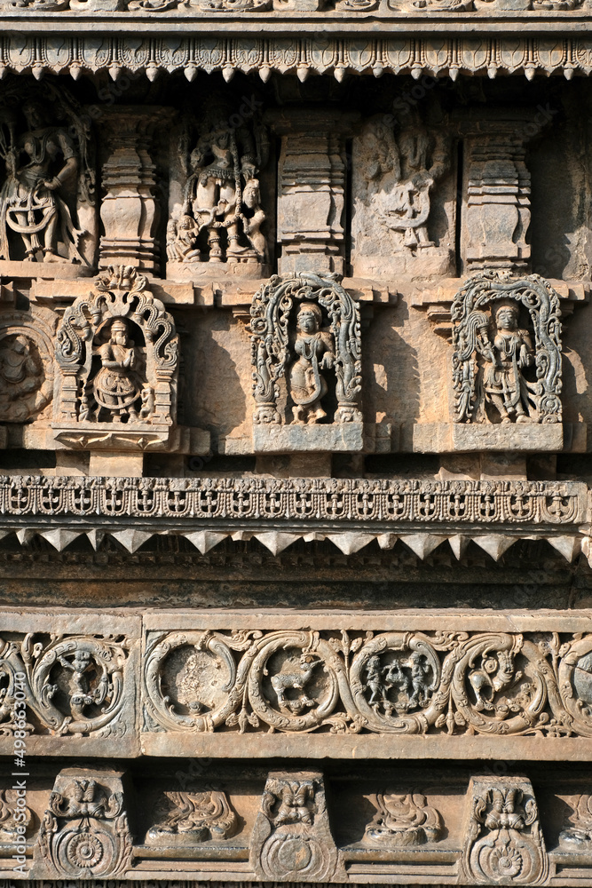 Belur, Karnataka, India - Dec 19 2021, Belur and Halebidu temple carvings and sculptures, Hoysala temples - Chennakeshava Temple.