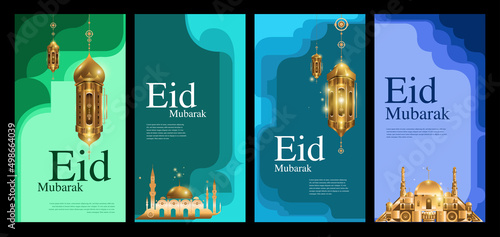 Vector Illustration golden lantern and mosque for islamic eid mubarak card banner
