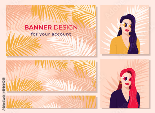 Banner and avatar for account, profile. Fashion portrait of a woman in glasses with long hair on the background of a palm tree branch in bright colors (red, blue, yellow). Vector illustration.