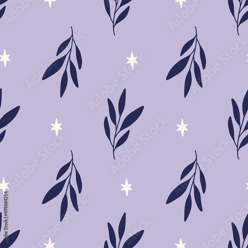 Floral vector seamless pattern. Branch and star on very peri background. Modern drawing. Magic botanical fabric print, digital paper, textile design, apparel, cover, scrapbooking.