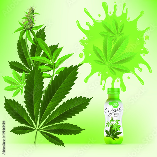 Cannabis juice bottle design with cannabis water splashes.illustration vector