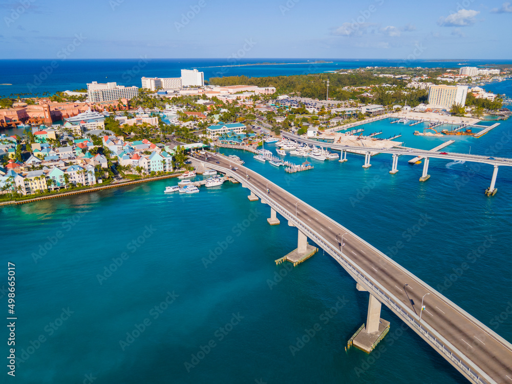 Paradise Island aerial view and Paradise Island Bridge in Nassau Harbour, New Providence Island, Bahamas. 
