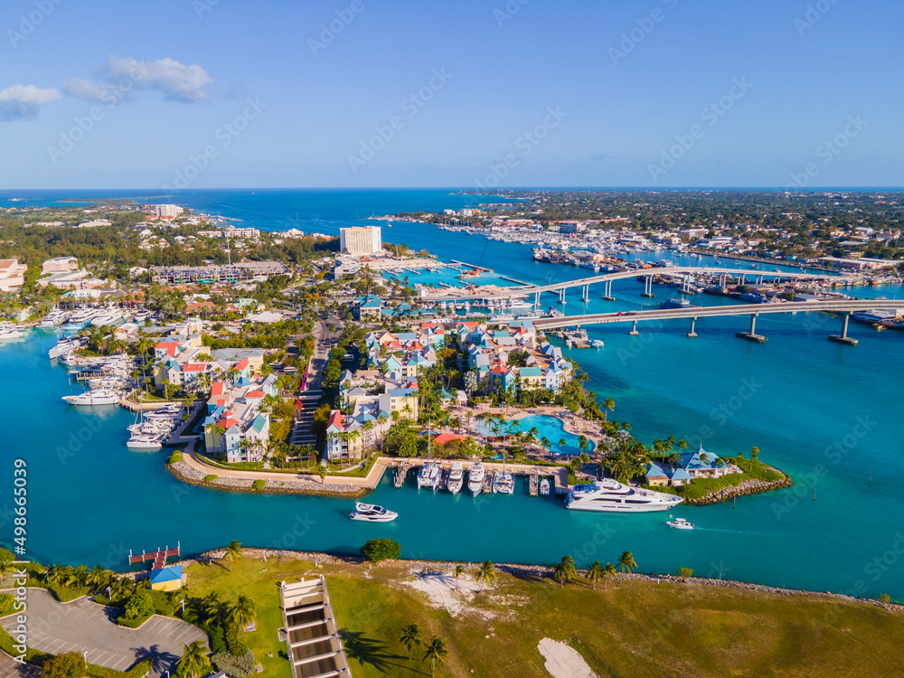 Harborside Villas aerial view and Paradise Island Bridge at Nassau Harbour, from Paradise Island, Bahamas.