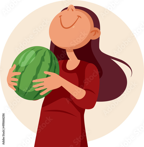 Happy Woman Holding a Big Watermelon Vector Cartoon