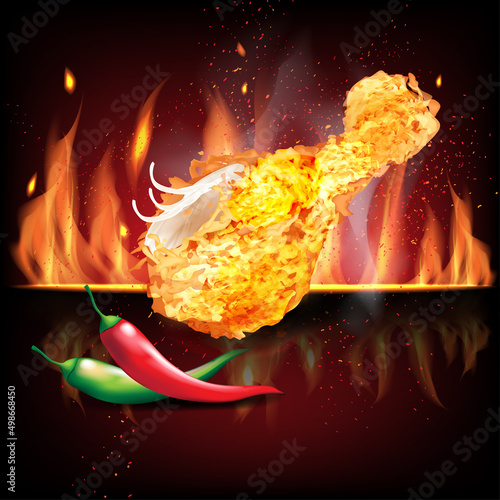 Chicken parts fried with red and green chilly on red black fire 3d realistic vector illustration