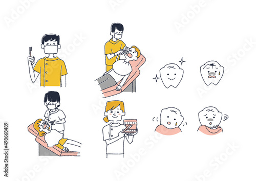 歯医者に関するイラストセット　コミカルな手書きの人物　ベクター、線画にカラー