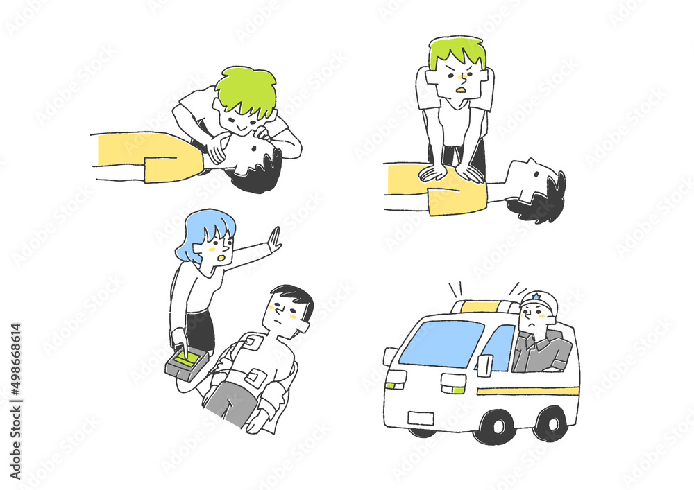 救急医療に関するイラストセット コミカルな手書きの人物 ベクター 線画にカラー Stock Vector Adobe Stock