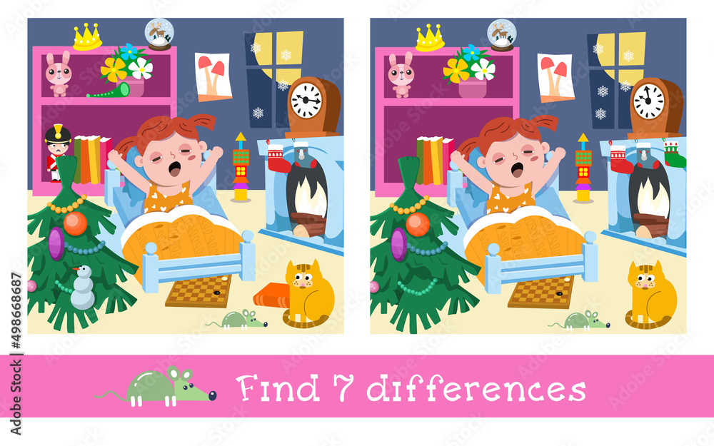 Obraz premium Find 7 differences. Game for children. Christmas night with cute girl in room. Hand drawn full color illustration. Vector flat cartoon picture.