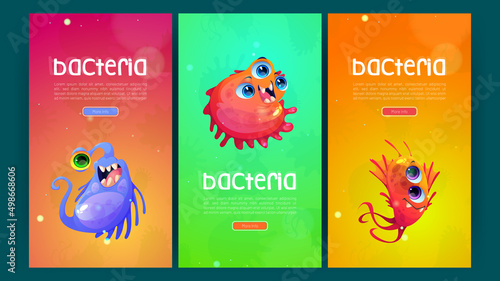 Bacteria posters with cute germ and microbe characters. Vector medical banners with cartoon illustration of comic microorganisms and bacterium cells with flagella, teeth and eyes