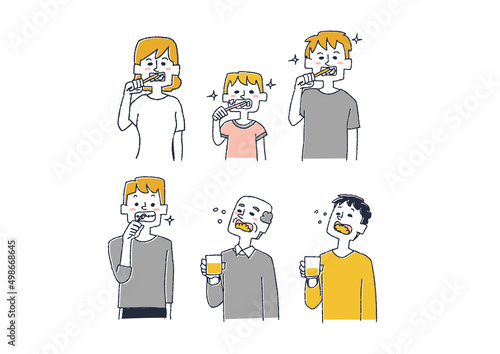 歯磨き、口腔ケアに関する人物イラストセット　コミカルな手書きの人物　ベクター、線画にカラー
