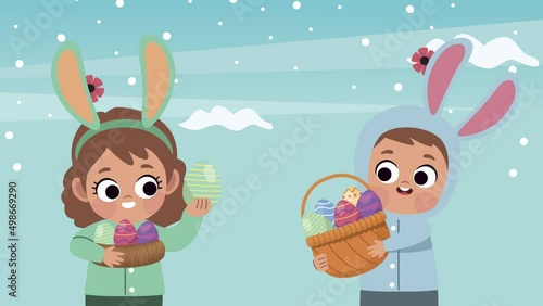 Wallpaper Mural happy easter animation with kids couple wearing rabbit ears Torontodigital.ca